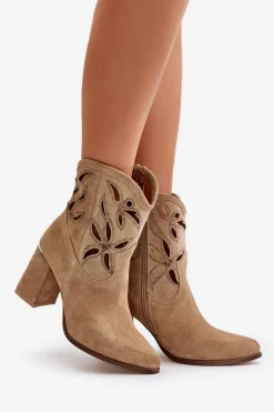 Zamszowe Ażurowe Botki Na Słupku Lewski 3629 Beżowe