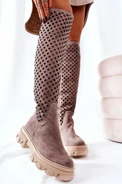 Zamszowe Ażurowe Kozaki Jasnobrązowe Kallede