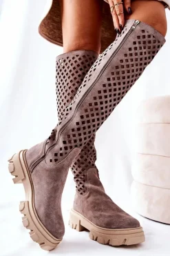 Zamszowe Ażurowe Kozaki Jasnobrązowe Kallede