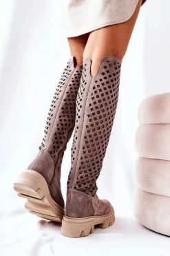 Zamszowe Ażurowe Kozaki Jasnobrązowe Kallede