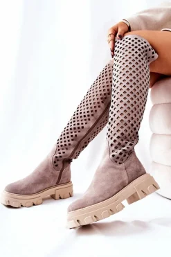 Zamszowe Ażurowe Kozaki Jasnobrązowe Kallede