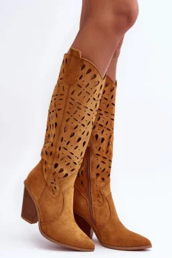 Zamszowe Ażurowe Kozaki Kowbojki Brązowe Nisu
