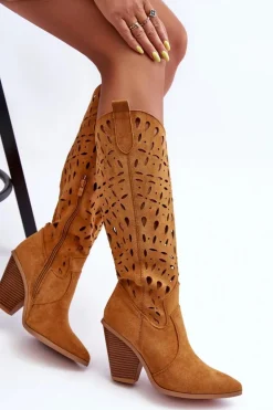Zamszowe Ażurowe Kozaki Kowbojki Brązowe Nisu