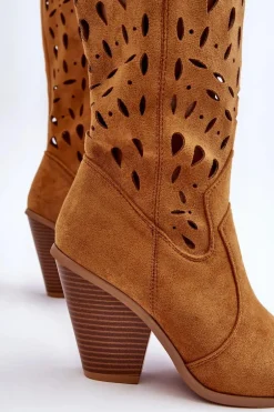 Zamszowe Ażurowe Kozaki Kowbojki Brązowe Nisu