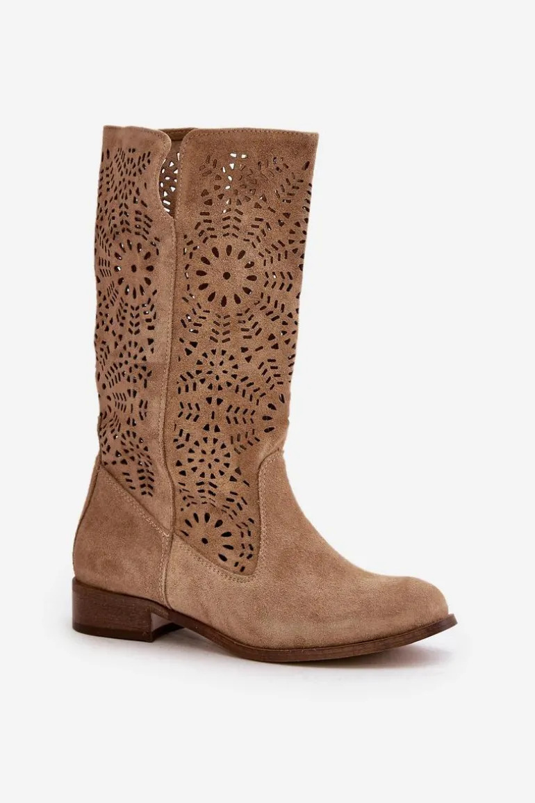 Zamszowe Ażurowe Kozaki Lewski 3366/2Beżowe