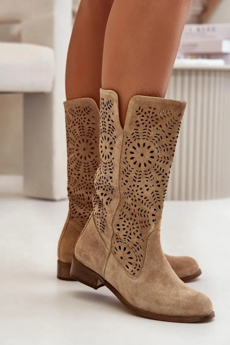 Zamszowe Ażurowe Kozaki Lewski 3366/2Beżowe