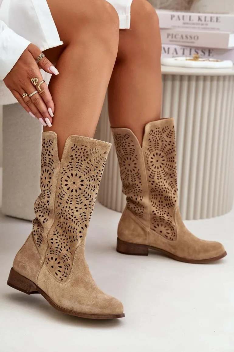 Zamszowe Ażurowe Kozaki Lewski 3366/2Beżowe