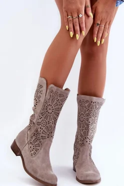 Zamszowe Ażurowe Kozaki Lewski 3366/2 Cappucino