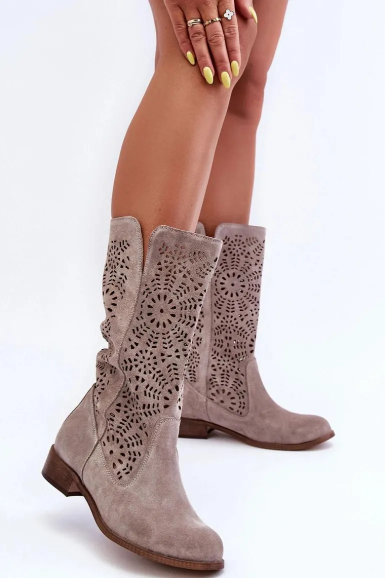 Zamszowe Ażurowe Kozaki Lewski 3366/2 Cappucino