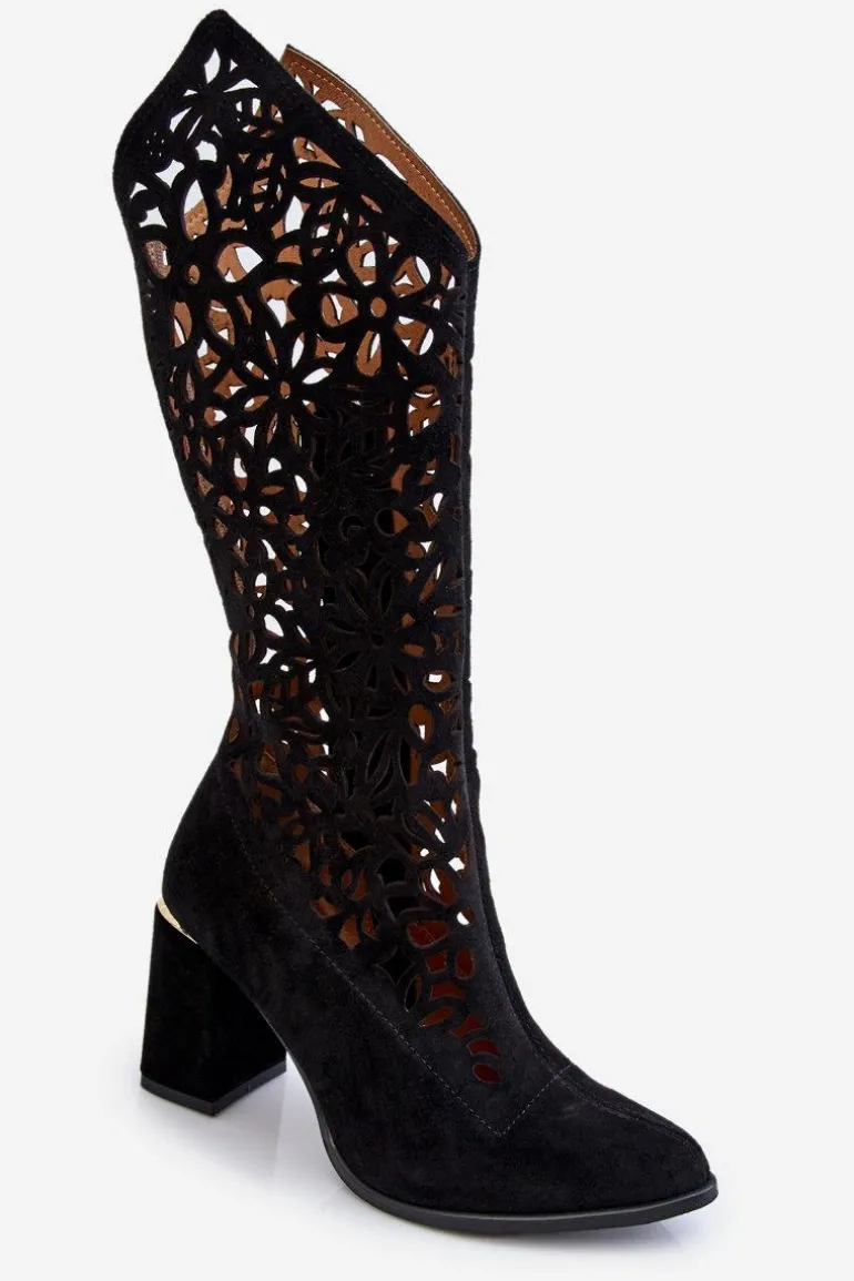 Zamszowe Ażurowe Kozaki Lewski Shoes 3234 Czarne