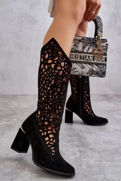 Zamszowe Ażurowe Kozaki Lewski Shoes 3234 Czarne