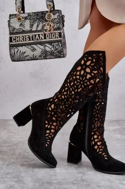 Zamszowe Ażurowe Kozaki Lewski Shoes 3234 Czarne