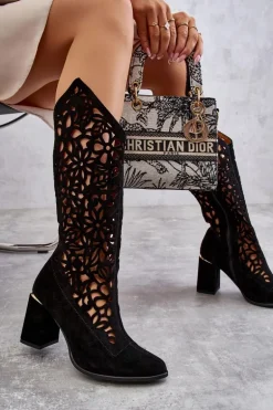 Zamszowe Ażurowe Kozaki Lewski Shoes 3234 Czarne