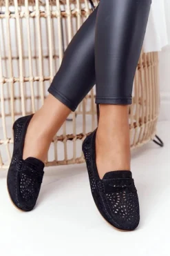 Zamszowe Ażurowe Mokasyny Damskie S.Barski Czarne