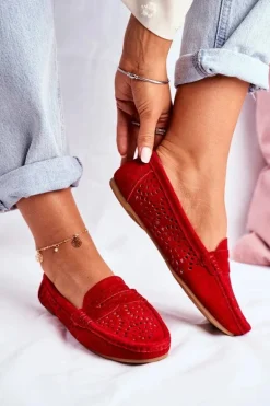 Zamszowe Ażurowe Mokasyny Damskie S.Barski Czerwone