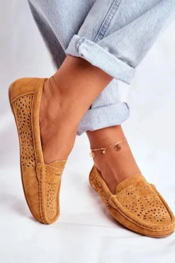 Zamszowe Ażurowe Mokasyny Damskie S.Barski Camel