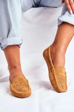 Zamszowe Ażurowe Mokasyny Damskie S.Barski Camel