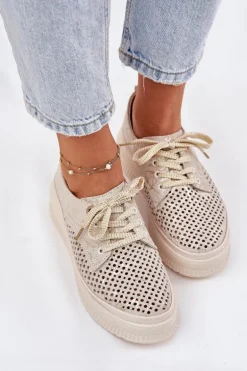 Zamszowe Ażurowe Półbuty Damskie Na Platformie Artiker 56C2108 Beżowo-Złote