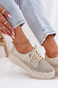 Zamszowe Ażurowe Półbuty Damskie Na Platformie Artiker 56C2108 Beżowo-Złote