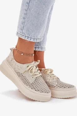 Zamszowe Ażurowe Półbuty Damskie Na Platformie Artiker 56C2108 Beżowo-Złote