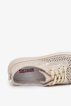 Zamszowe Ażurowe Półbuty Damskie Na Platformie Artiker 56C2108 Beżowo-Złote