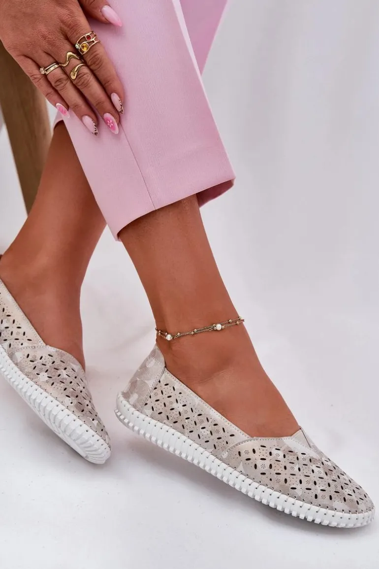 Zamszowe Ażurowe Półbuty Damskie Złoto-Szare Chulieta