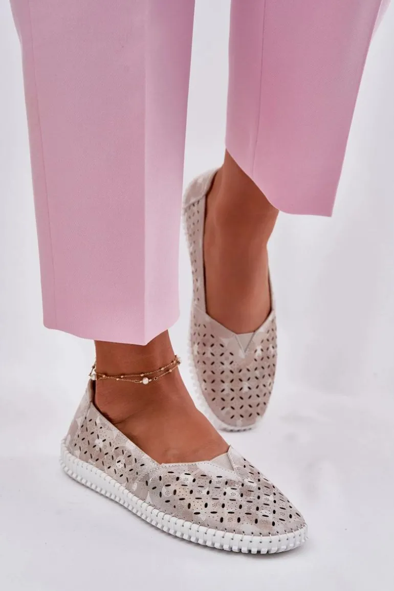 Zamszowe Ażurowe Półbuty Damskie Złoto-Szare Chulieta