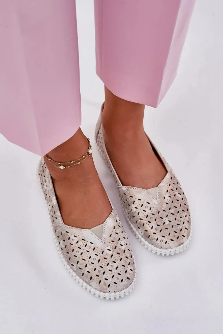 Zamszowe Ażurowe Półbuty Damskie Złoto-Szare Chulieta