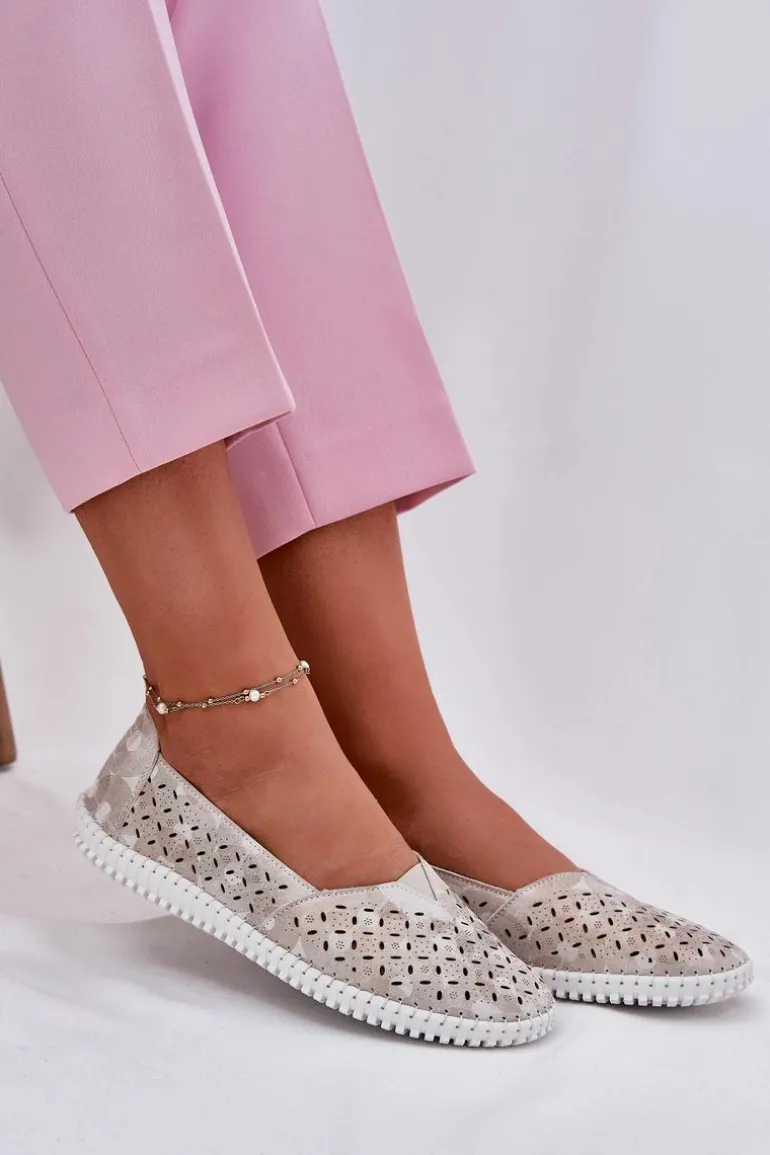 Zamszowe Ażurowe Półbuty Damskie Złoto-Szare Chulieta