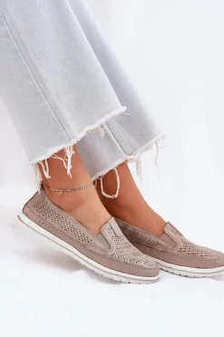 Zamszowe Ażurowe Półbuty Mokasyny Damskie Złote Redileine