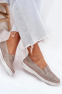 Zamszowe Ażurowe Półbuty Mokasyny Damskie Złote Redileine