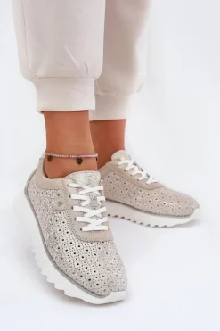 Zamszowe Ażurowe Sneakersy Na Platformie LR51-927 Złote