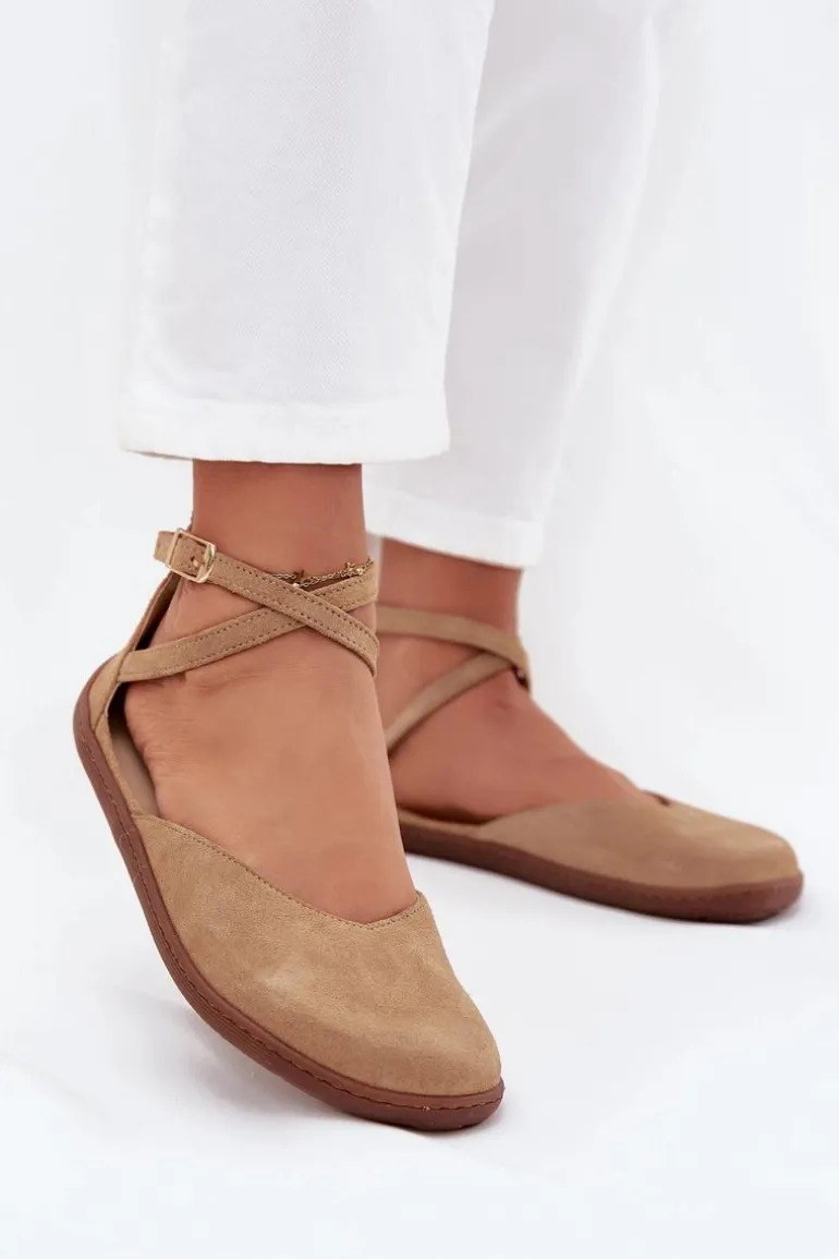 Zamszowe Baleriny Damskie Barefoot Z Paskami Zazoo 191 Beżowe