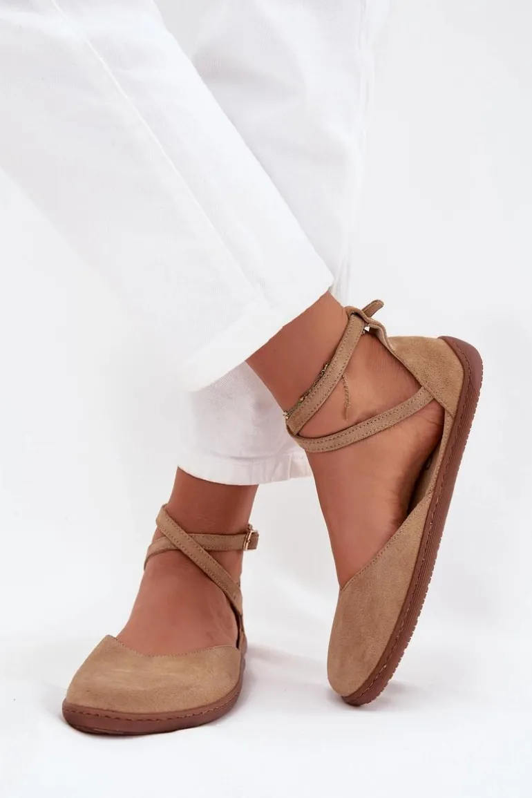 Zamszowe Baleriny Damskie Barefoot Z Paskami Zazoo 191 Beżowe