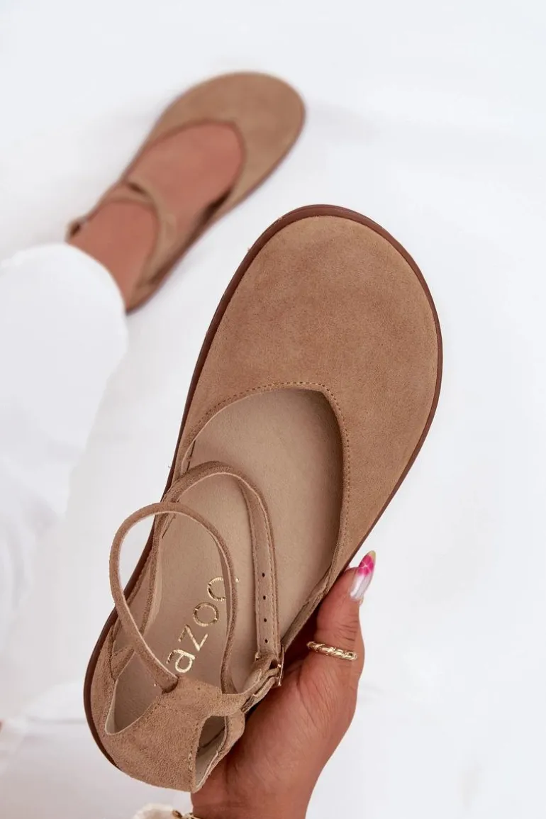 Zamszowe Baleriny Damskie Barefoot Z Paskami Zazoo 191 Beżowe