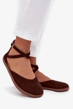 Zamszowe Baleriny Damskie Barefoot Z Paskami Zazoo 191 Czekoladowe