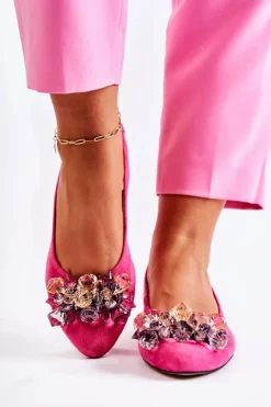 Zamszowe Baleriny Na Obcasie Z Ozdobą Różowe Elenie