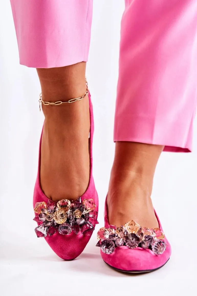 Zamszowe Baleriny Na Obcasie Z Ozdobą Różowe Elenie