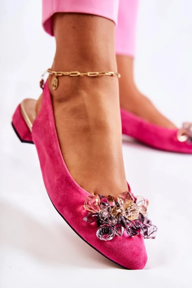Zamszowe Baleriny Na Obcasie Z Ozdobą Różowe Elenie