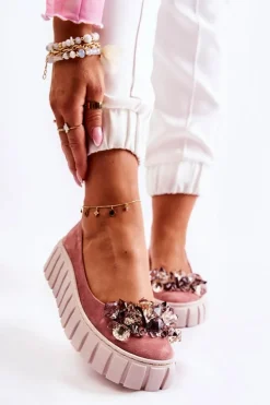 Zamszowe Baleriny Na Platformie Z Ozdobą Różowe Ladette