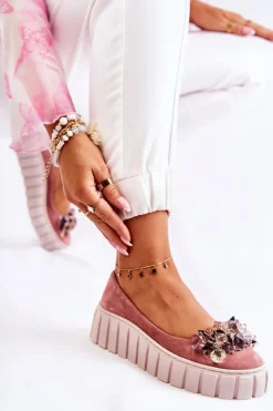 Zamszowe Baleriny Na Platformie Z Ozdobą Różowe Ladette