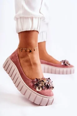 Zamszowe Baleriny Na Platformie Z Ozdobą Różowe Ladette