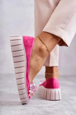 Zamszowe Baleriny Na Platformie Z Ozdobą Fuksja Ladette