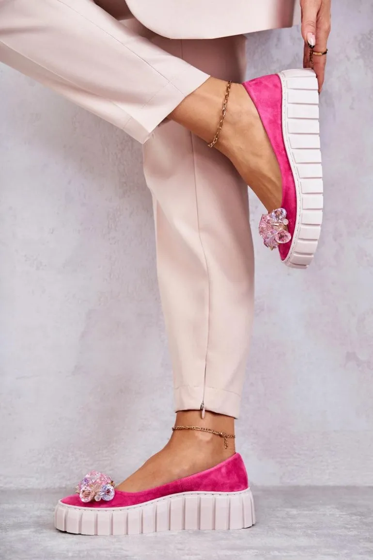 Zamszowe Baleriny Na Platformie Z Ozdobą Fuksja Ladette