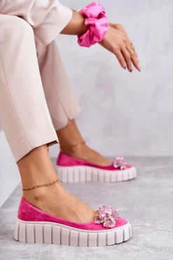 Zamszowe Baleriny Na Platformie Z Ozdobą Fuksja Ladette
