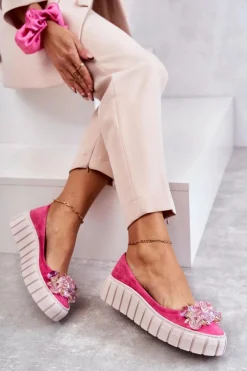 Zamszowe Baleriny Na Platformie Z Ozdobą Fuksja Ladette