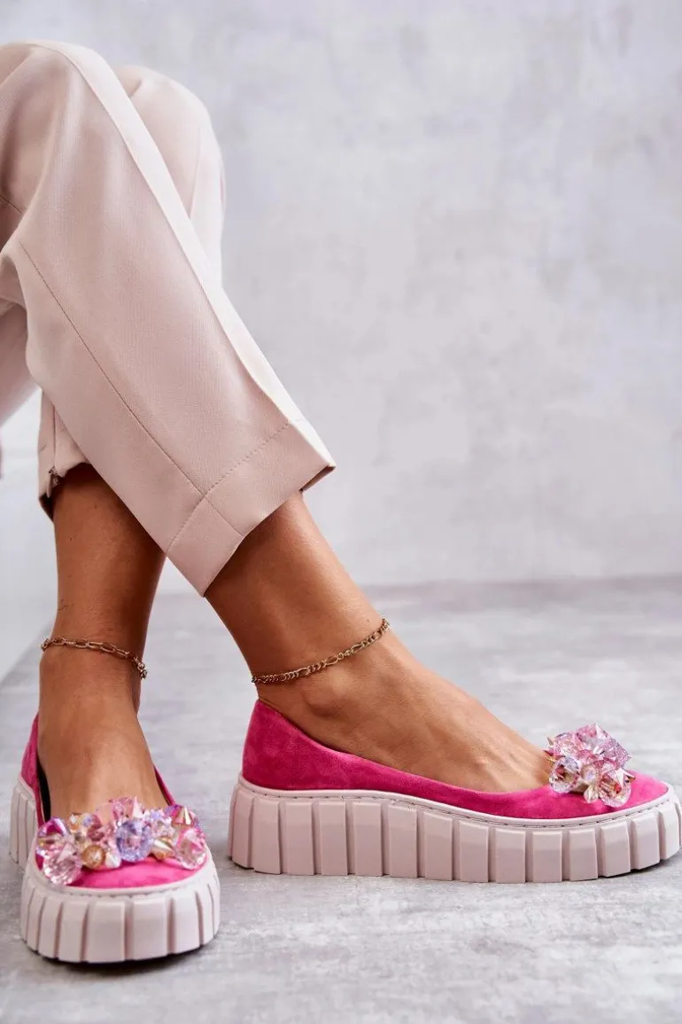 Zamszowe Baleriny Na Platformie Z Ozdobą Fuksja Ladette