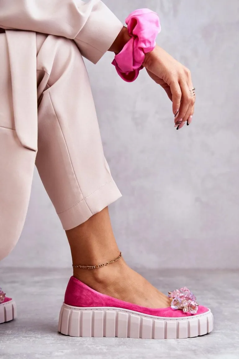 Zamszowe Baleriny Na Platformie Z Ozdobą Fuksja Ladette