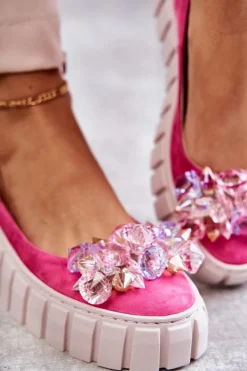 Zamszowe Baleriny Na Platformie Z Ozdobą Fuksja Ladette