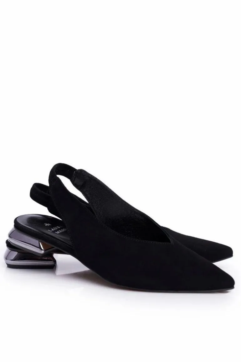 Zamszowe Baleriny Na Srebrnym Obcasie Laura Messi 2127 Czarne